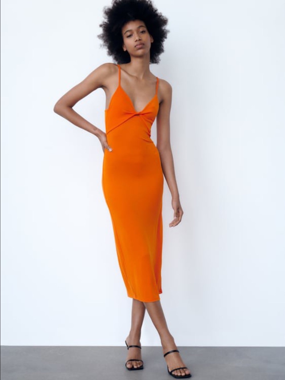 Zara Spaghetti Strap Twist-Front Midi Dress in Orange